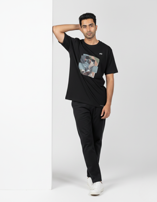 Black Abstract Graphic Oversized Cotton T-Shirt