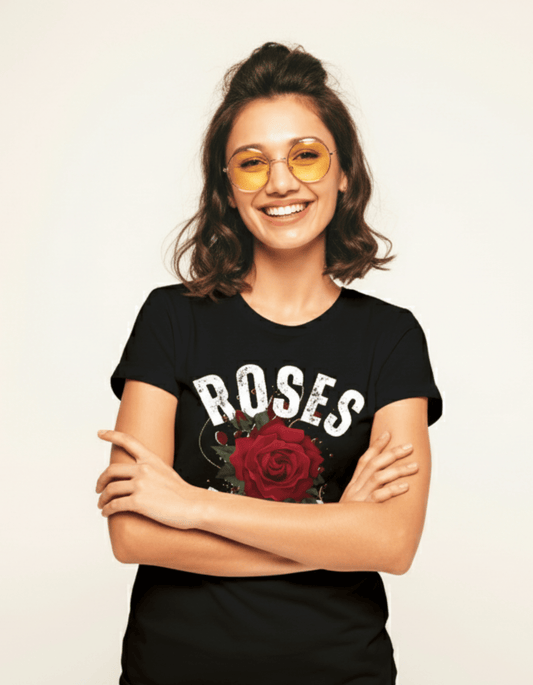 Roses Graphic Printed Black T-Shirt for Women – 100% Cotton Casual Wear