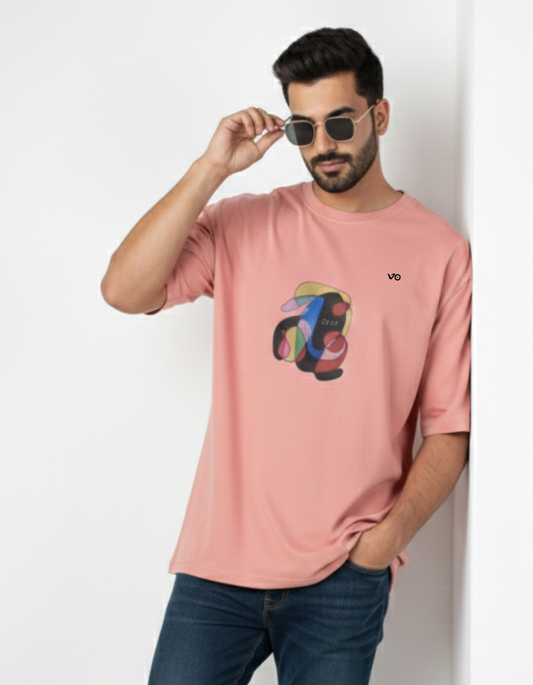 Salmon Pink Oversized French Terry Cotton T-Shirt Abstract Art Print