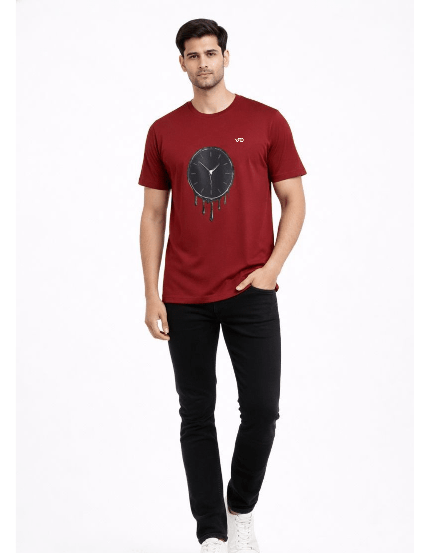 Burgundy Dripping Clock Cotton T-Shirt - VIBON Originals