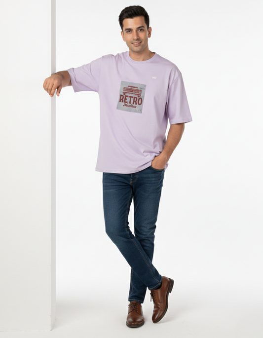 Lavender Oversized French Terry Cotton T-Shirt Retro Machine Print