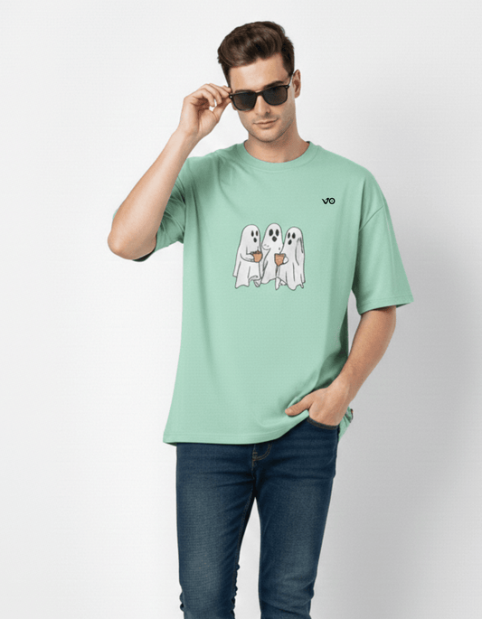 Mint Green Oversized French Terry Cotton T-Shirt Ghost Print - VIBON Originals
