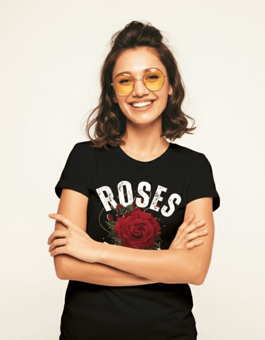 Roses Graphic Printed Black T-Shirt for Women – 100% Cotton Casual Wear - VIBON Originals