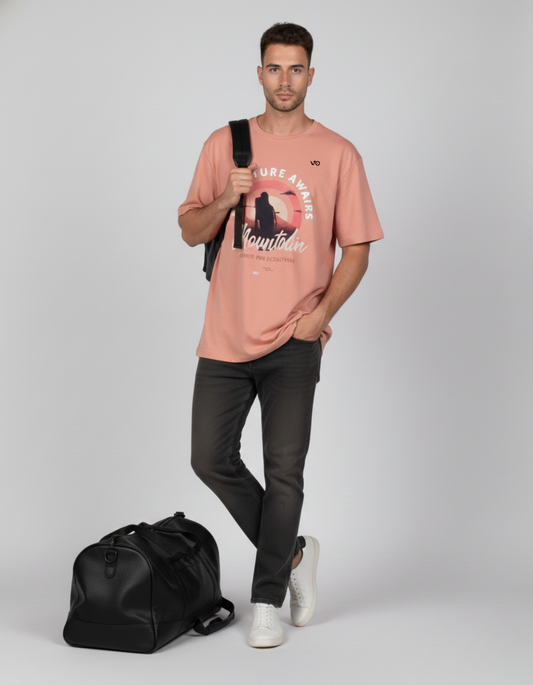 Salmon pink Adventure Oversized Cotton T-Shirt