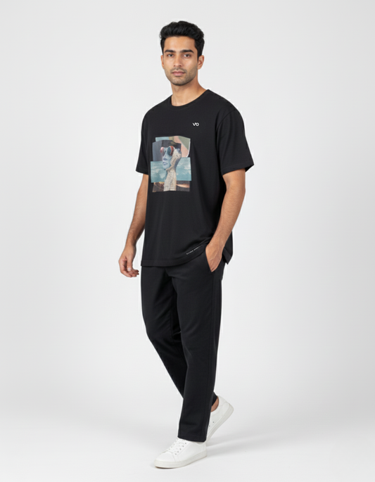 Black Abstract Graphic Oversized Cotton T-Shirt