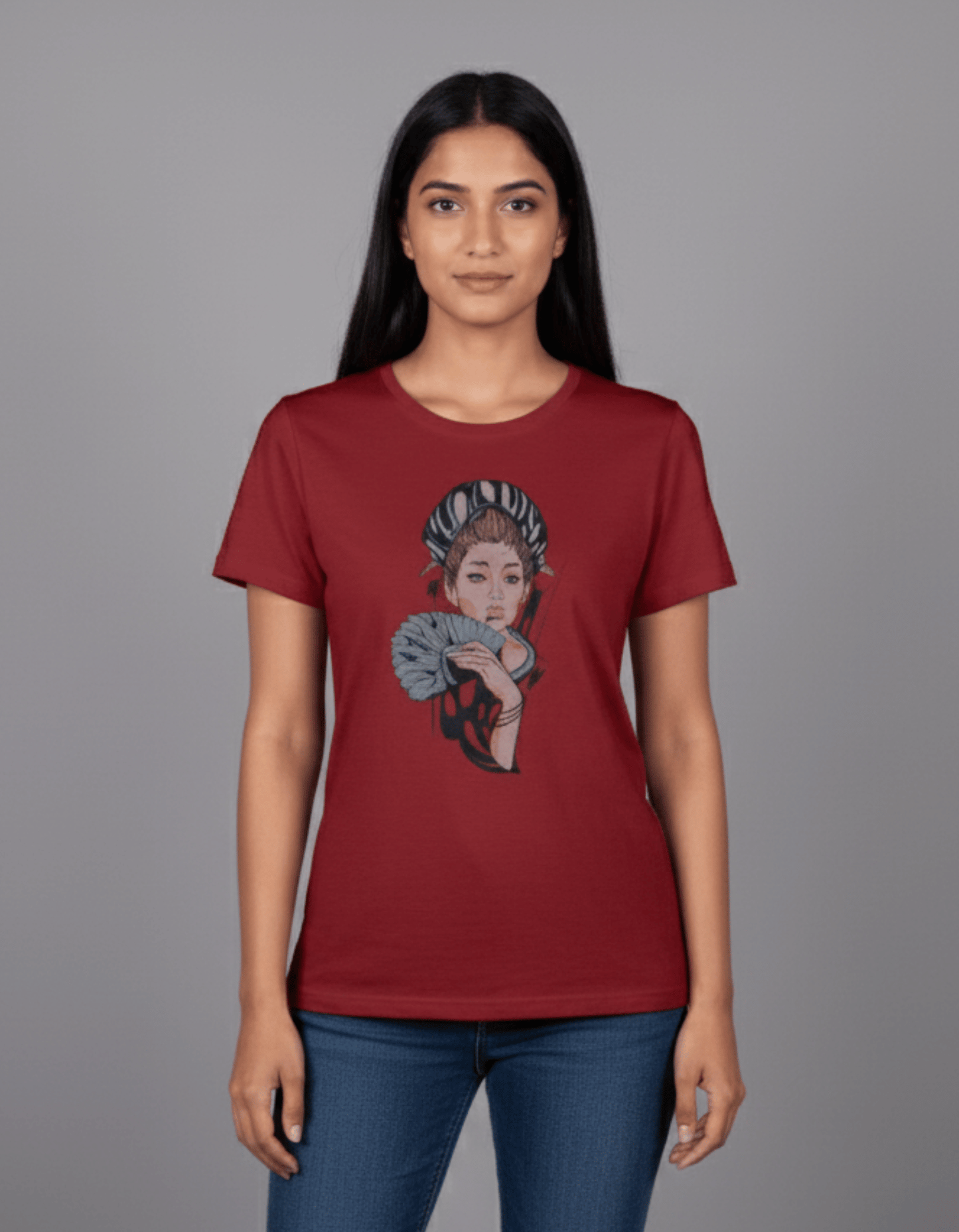 Maroon Geisha Art Women’s T-Shirt – 100% Cotton | Japanese Illustration Graphic Tee