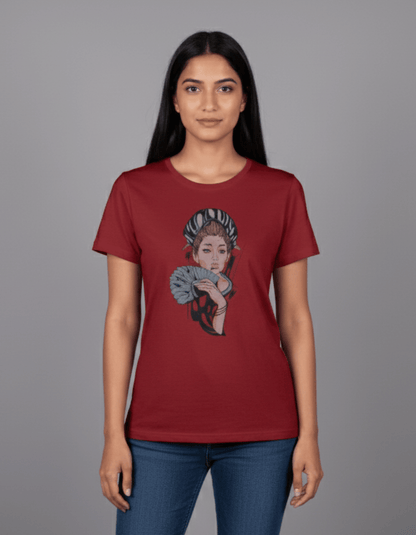 Maroon Geisha Art Women’s T-Shirt – 100% Cotton | Japanese Illustration Graphic Tee