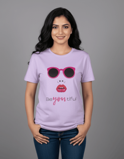 BeYOUtiful Women’s T-Shirt – 100% Cotton | Graphic Printed Tee in Lavender & White