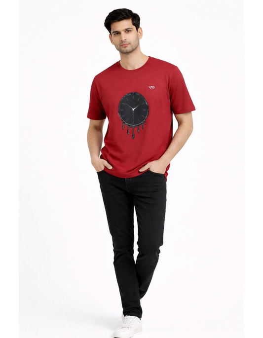 Maroon Dripping Clock Oversized Cotton T-Shirt