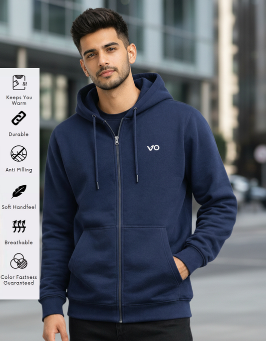 Navy Blue Zipper Hoodie – 100% Cotton
