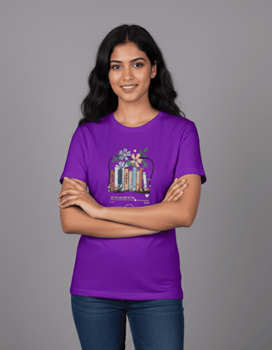 Purple Floral Bookstack Women’s T-Shirt – 100% Cotton | Aesthetic Book Lover Tee |