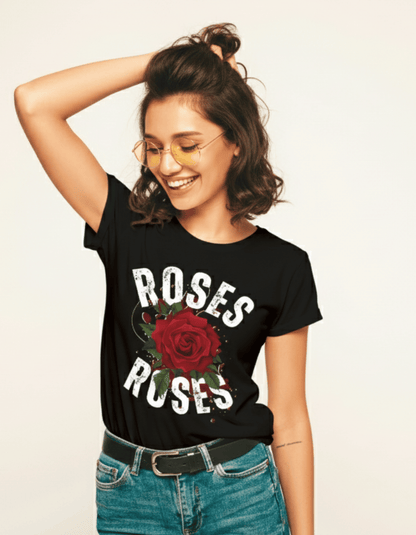 Roses Graphic Printed Black T-Shirt for Women – 100% Cotton Casual Wear