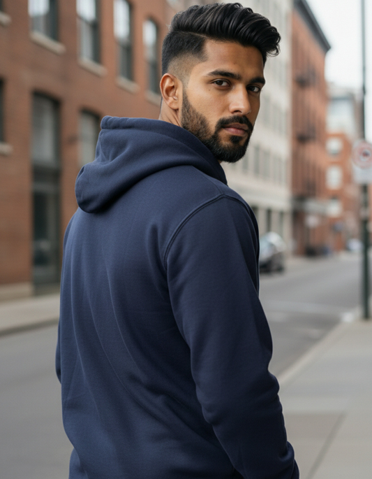 Men’s Navy Blue Cotton Hoodie – 100% Cotton, Anti-Pilling & Breathable