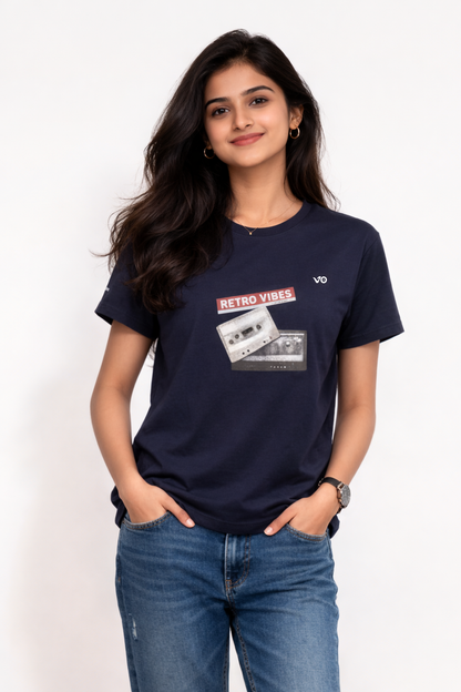 Women’s Navy Blue Retro Vibes Cotton T-Shirt | VIBON Originals
