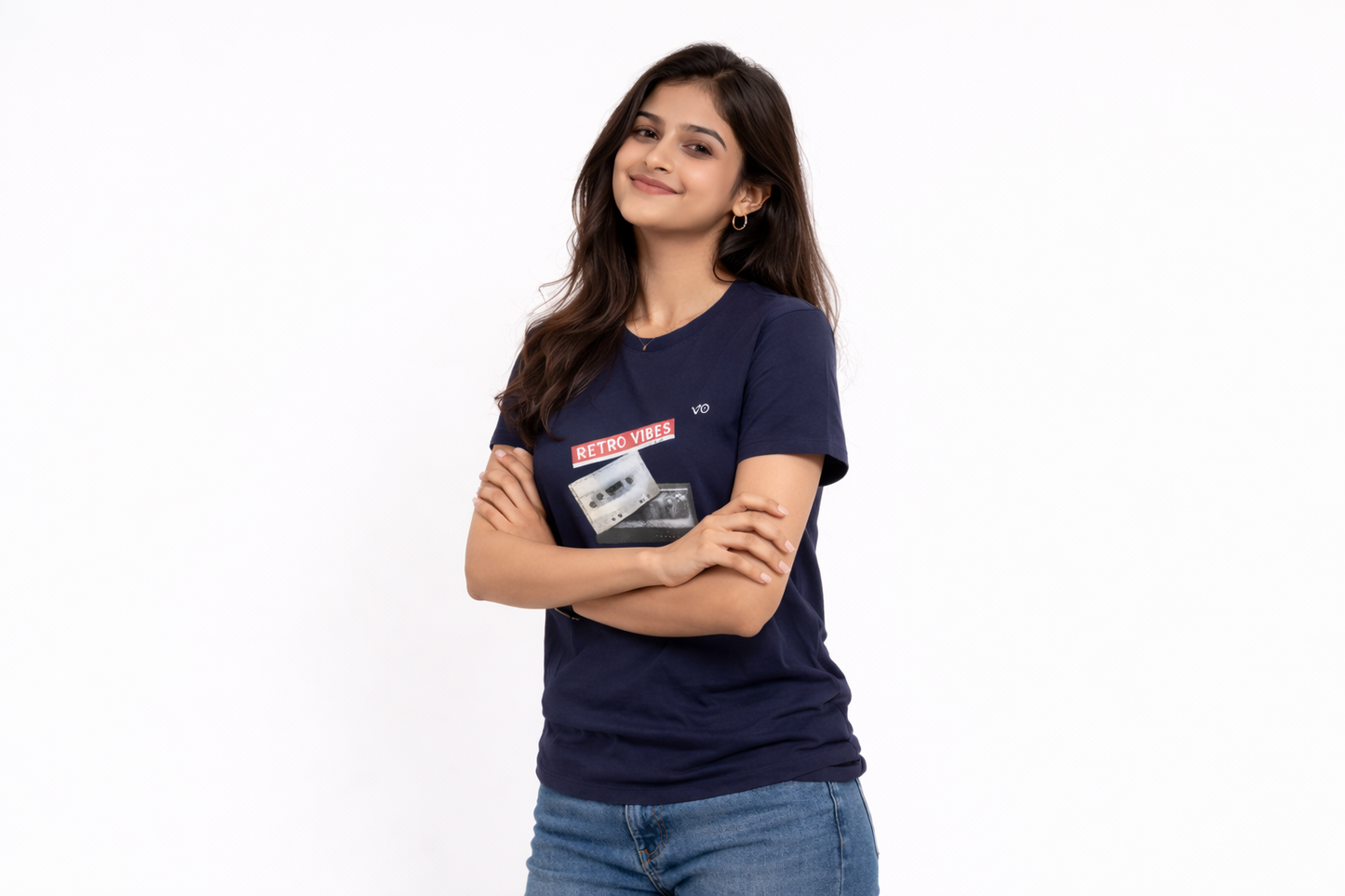 Women’s Navy Blue Retro Vibes Cotton T-Shirt | VIBON Originals