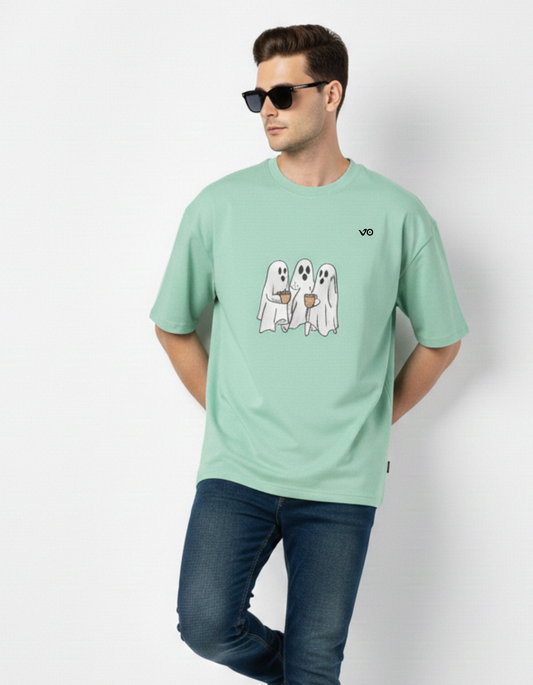 Mint Green Oversized French Terry Cotton T-Shirt Ghost Print