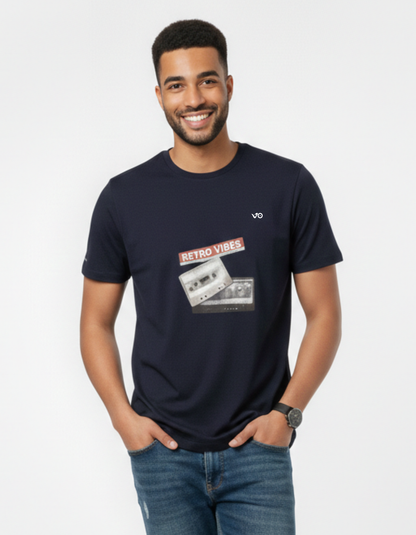 Navy Blue Regular Fit 100% Cotton T-Shirt Retro Vibes Print