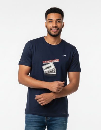 Navy Blue Regular Fit 100% Cotton T-Shirt Retro Vibes Print