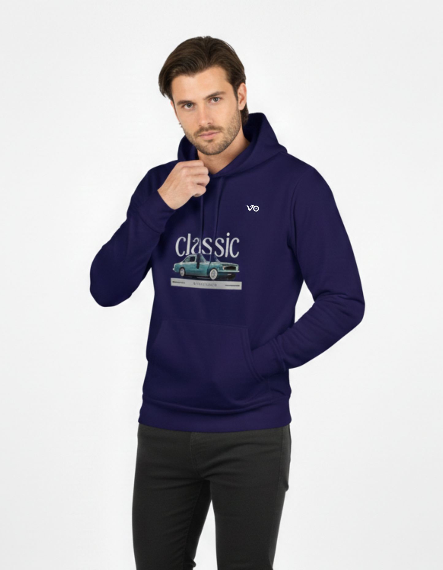 Navy Blue 100% Snow Soft Cotton Hoodie Classic Car Print