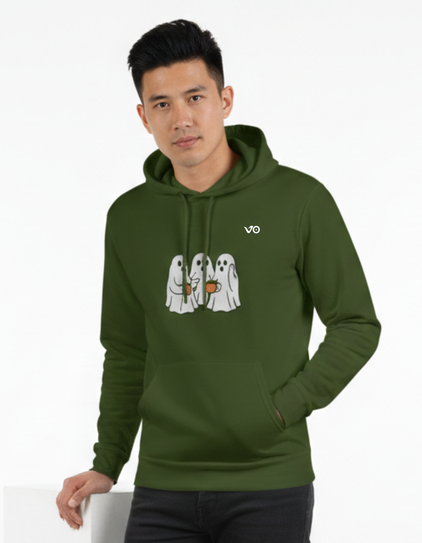 Olive Green 100% Snow Soft Cotton Hoodie Ghost Graphic Print