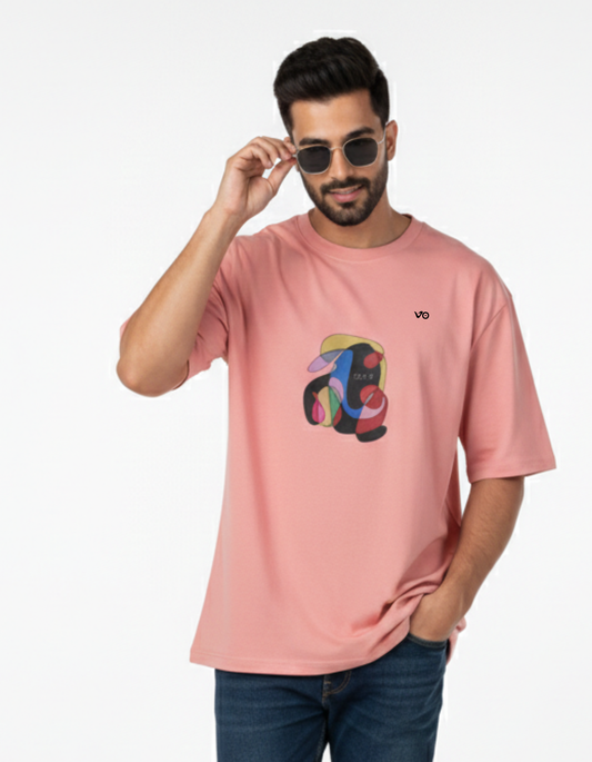 Salmon Pink Oversized French Terry Cotton T-Shirt Abstract Art Print
