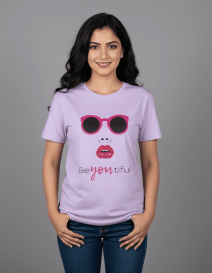 BeYOUtiful Women’s T-Shirt – 100% Cotton | Graphic Printed Tee in Lavender & White - VIBON Originals