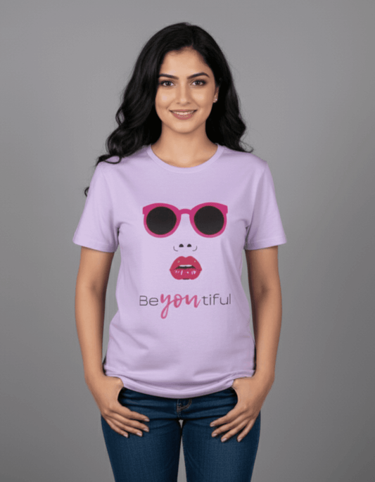 BeYOUtiful Women’s T-Shirt – 100% Cotton | Graphic Printed Tee in Lavender & White - VIBON Originals