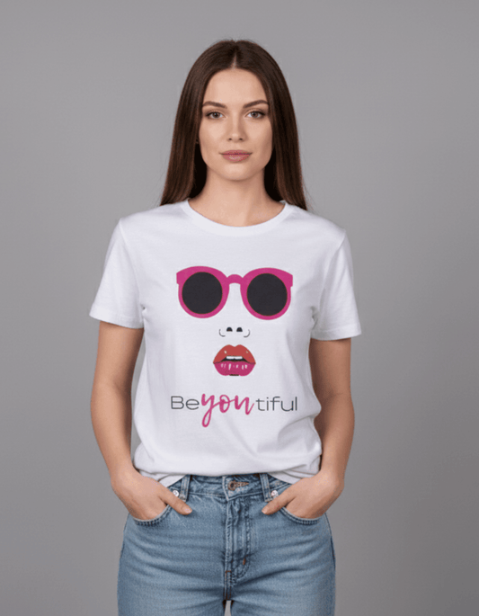 BeYOUtiful Women’s T-Shirt – 100% Cotton | Graphic Printed Tee in Lavender & White - VIBON Originals