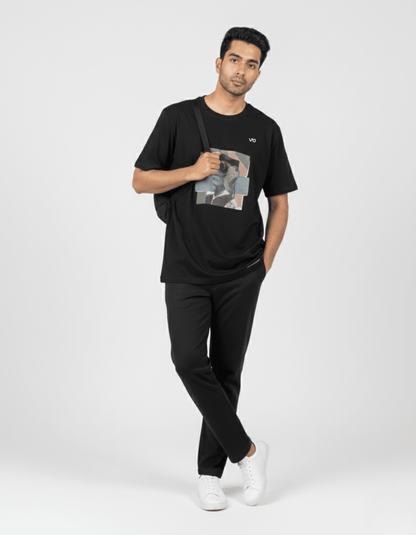 Black Abstract Graphic Oversized Cotton T-Shirt - VIBON Originals
