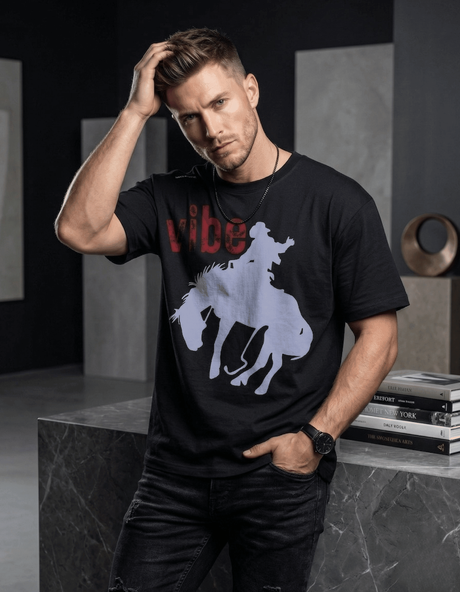 Black Oversized T-Shirt – Cowboy Vibe Graphic - VIBON Originals