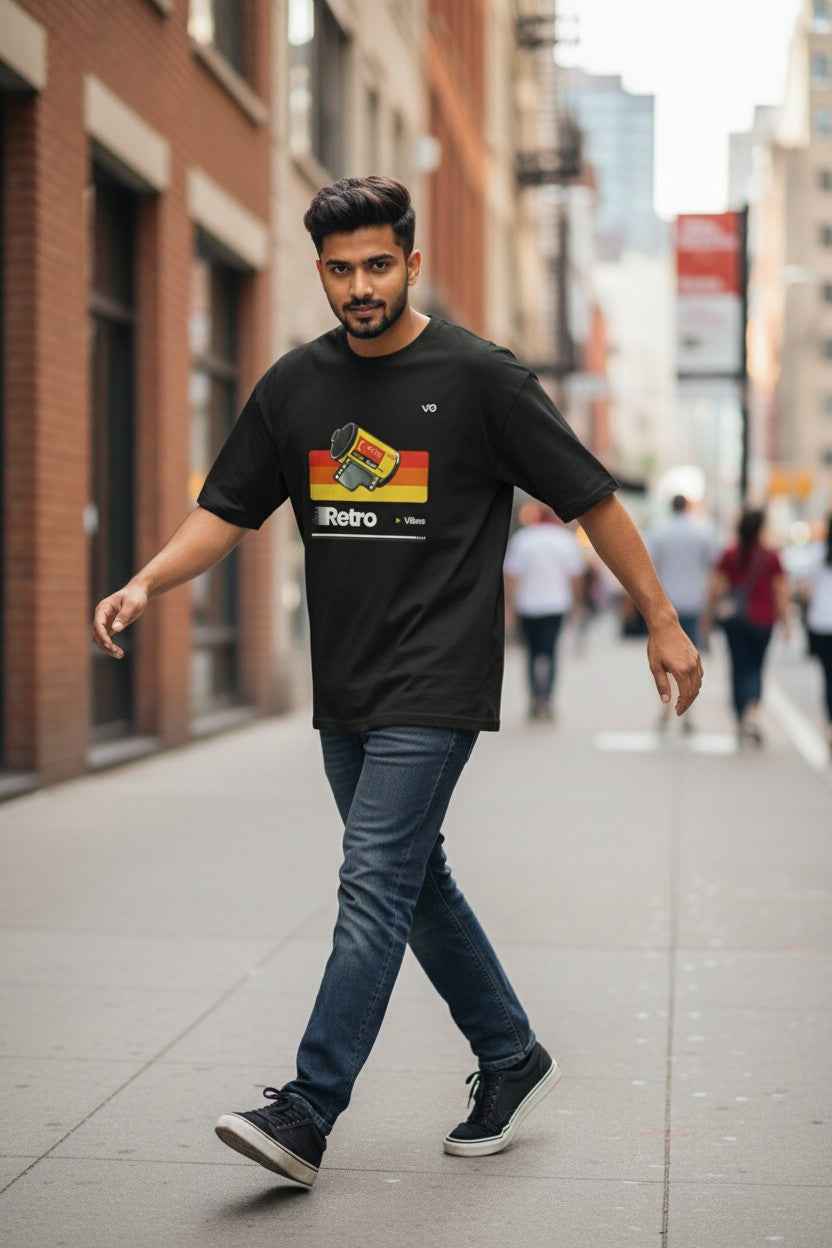 Black Retro Oversized T-Shirt | 100% Cotton Heavyweight Streetwear Tee – VIBON Originals - VIBON Originals