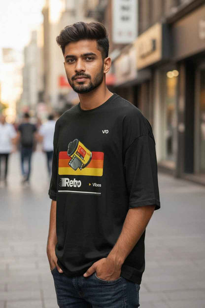 Black Retro Oversized T-Shirt | 100% Cotton Heavyweight Streetwear Tee – VIBON Originals - VIBON Originals