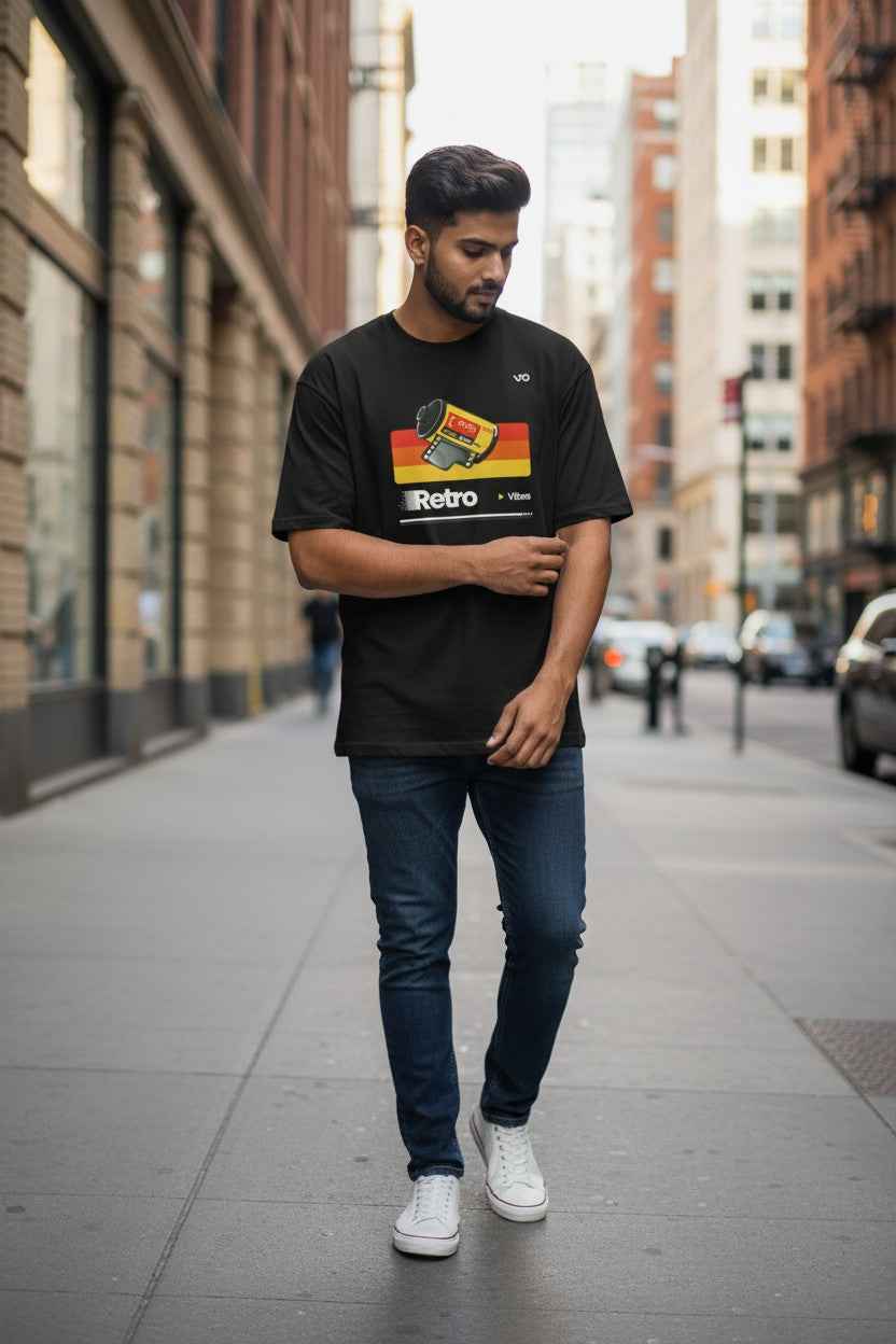 Black Retro Oversized T-Shirt | 100% Cotton Heavyweight Streetwear Tee – VIBON Originals - VIBON Originals
