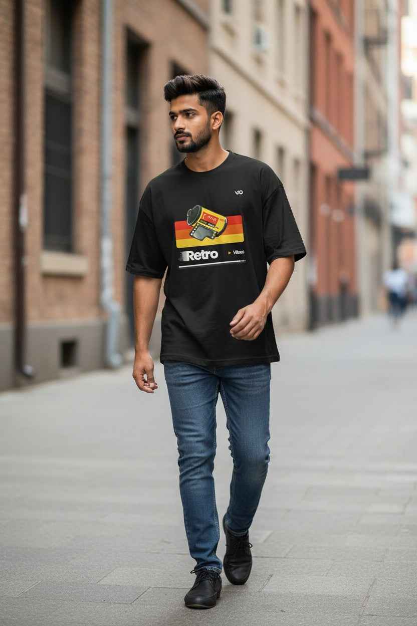 Black Retro Oversized T-Shirt | 100% Cotton Heavyweight Streetwear Tee – VIBON Originals - VIBON Originals