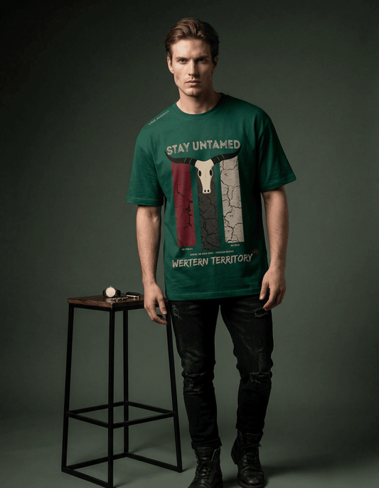 Bottle Green Oversized T-Shirt – Stay Untamed Graphic - VIBON Originals