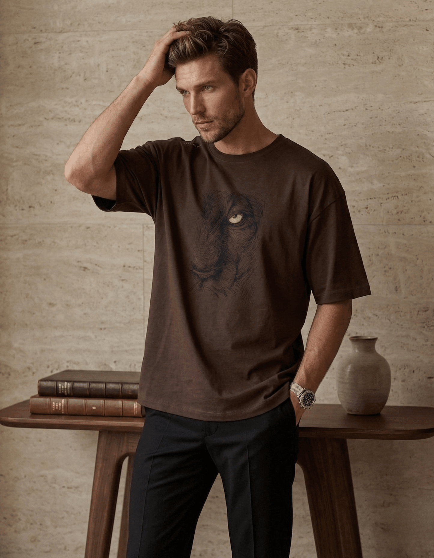 Brown Oversized T-Shirt– Lion Graphic - VIBON Originals