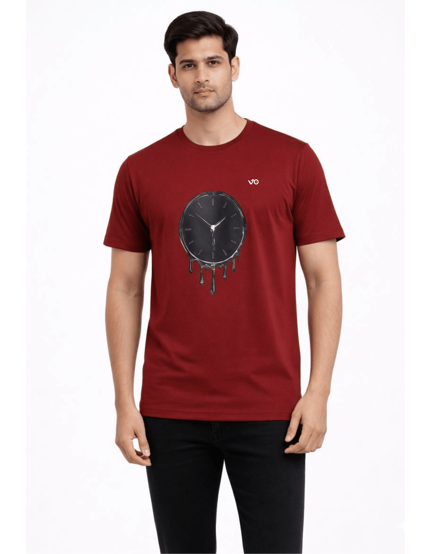 Burgundy Dripping Clock Cotton T-Shirt - VIBON Originals