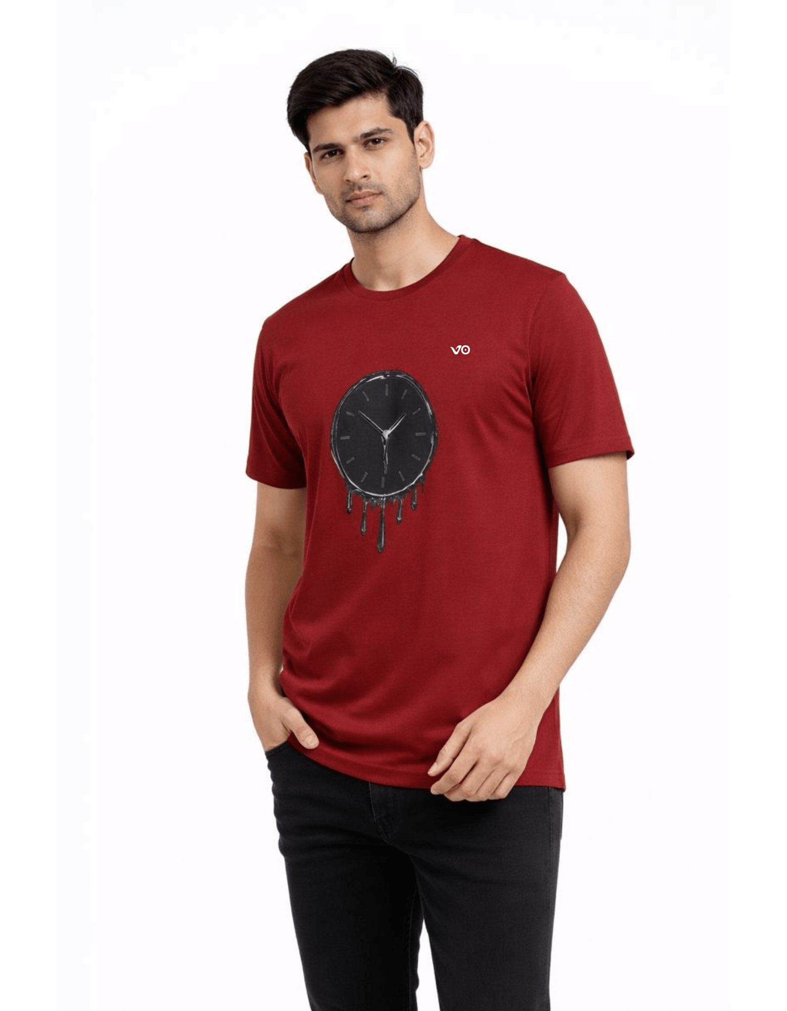 Burgundy Dripping Clock Cotton T-Shirt - VIBON Originals