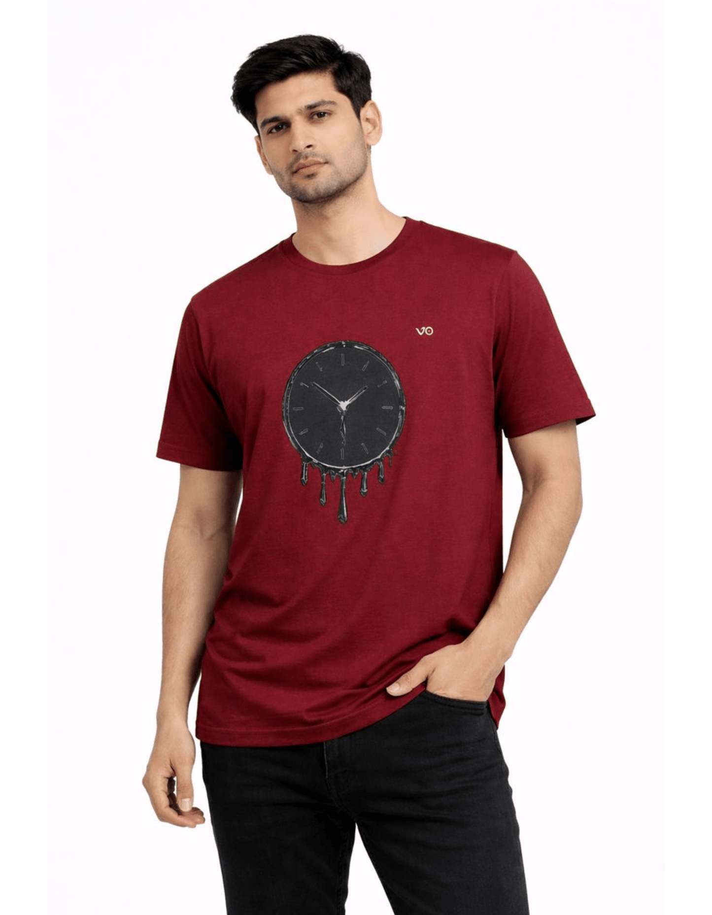 Burgundy Dripping Clock Cotton T-Shirt - VIBON Originals