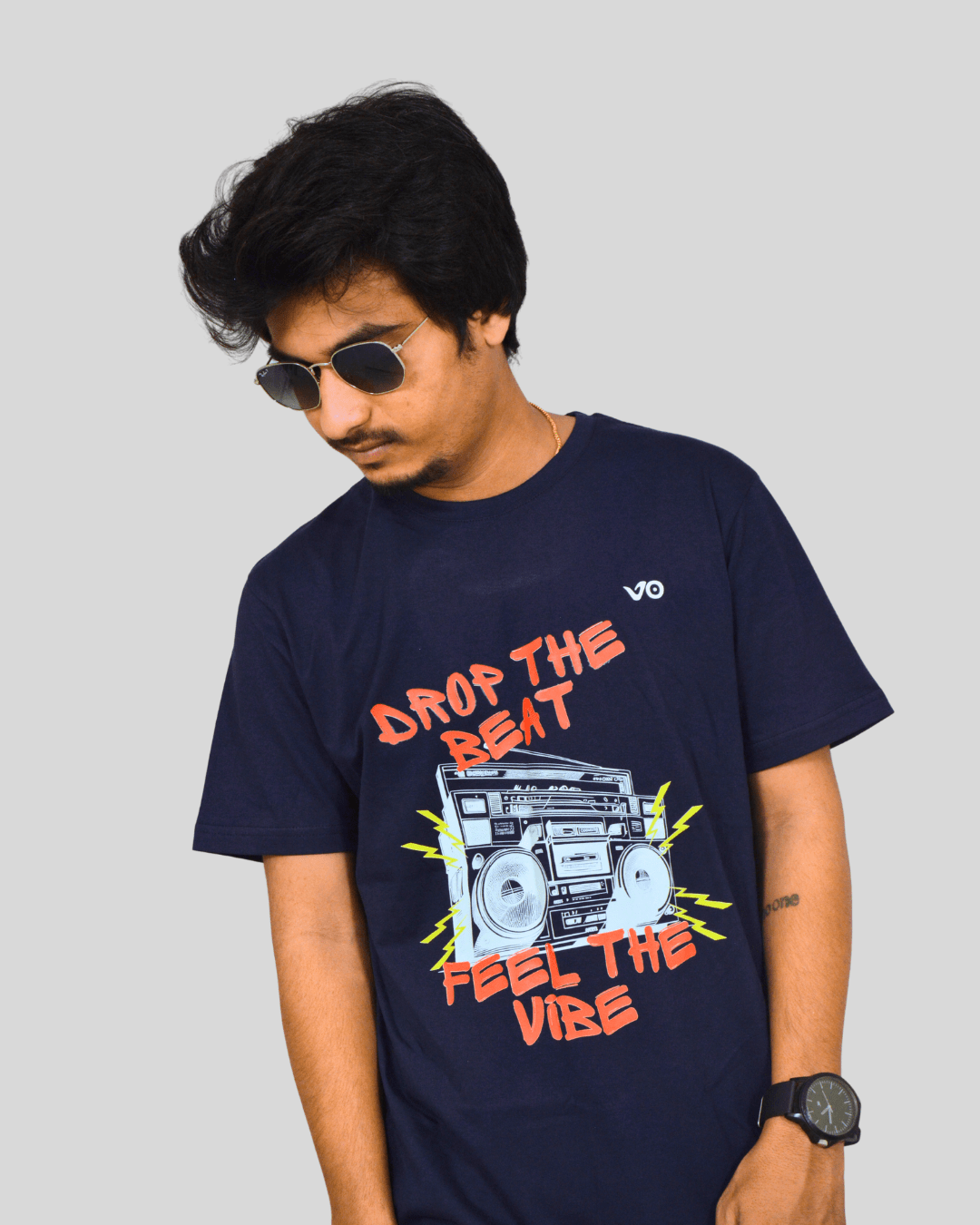 Drop The Beat Navy Blue T-Shirt | 100% Cotton Music Graphic Tee - VIBON Originals