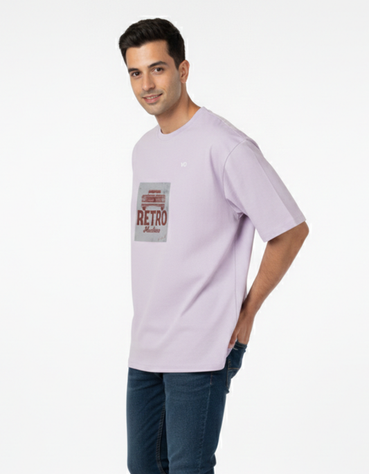 Lavender Oversized French Terry Cotton T-Shirt Retro Machine Print