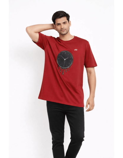 Maroon Dripping Clock Oversized Cotton T-Shirt - VIBON Originals