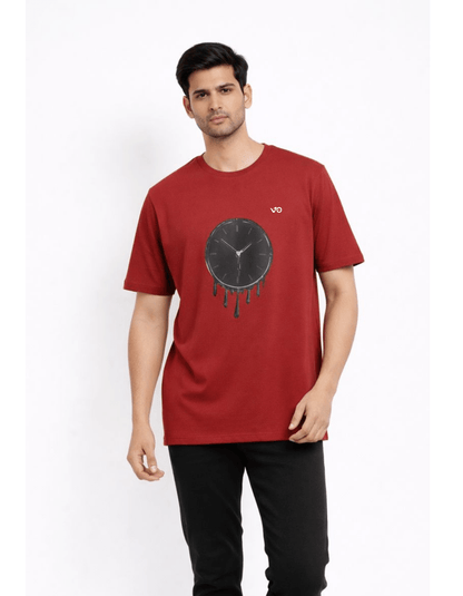 Maroon Dripping Clock Oversized Cotton T-Shirt - VIBON Originals