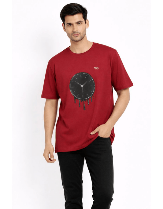 Maroon Dripping Clock Oversized Cotton T-Shirt - VIBON Originals