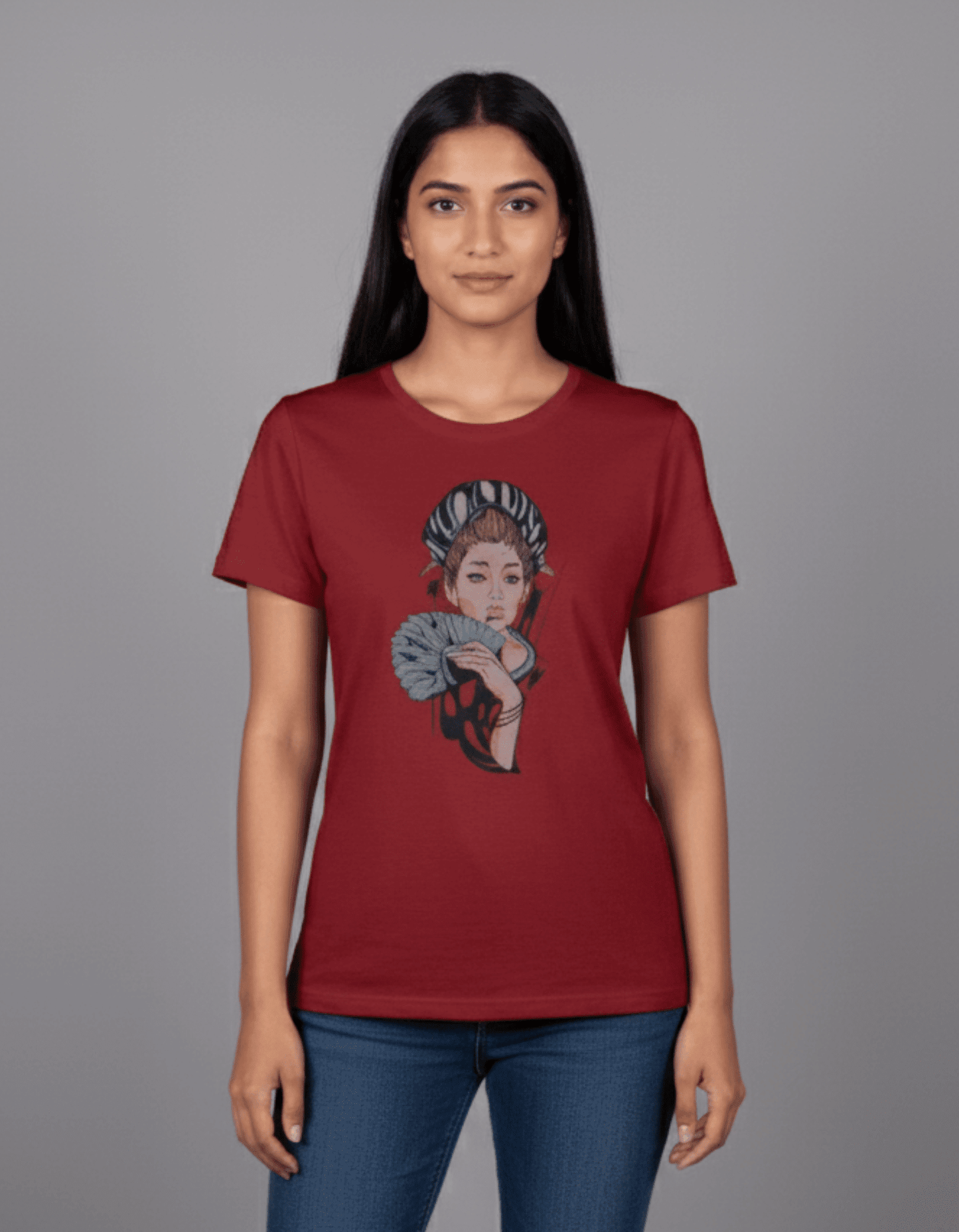 Maroon Geisha Art Women’s T-Shirt – 100% Cotton | Japanese Illustration Graphic Tee - VIBON Originals