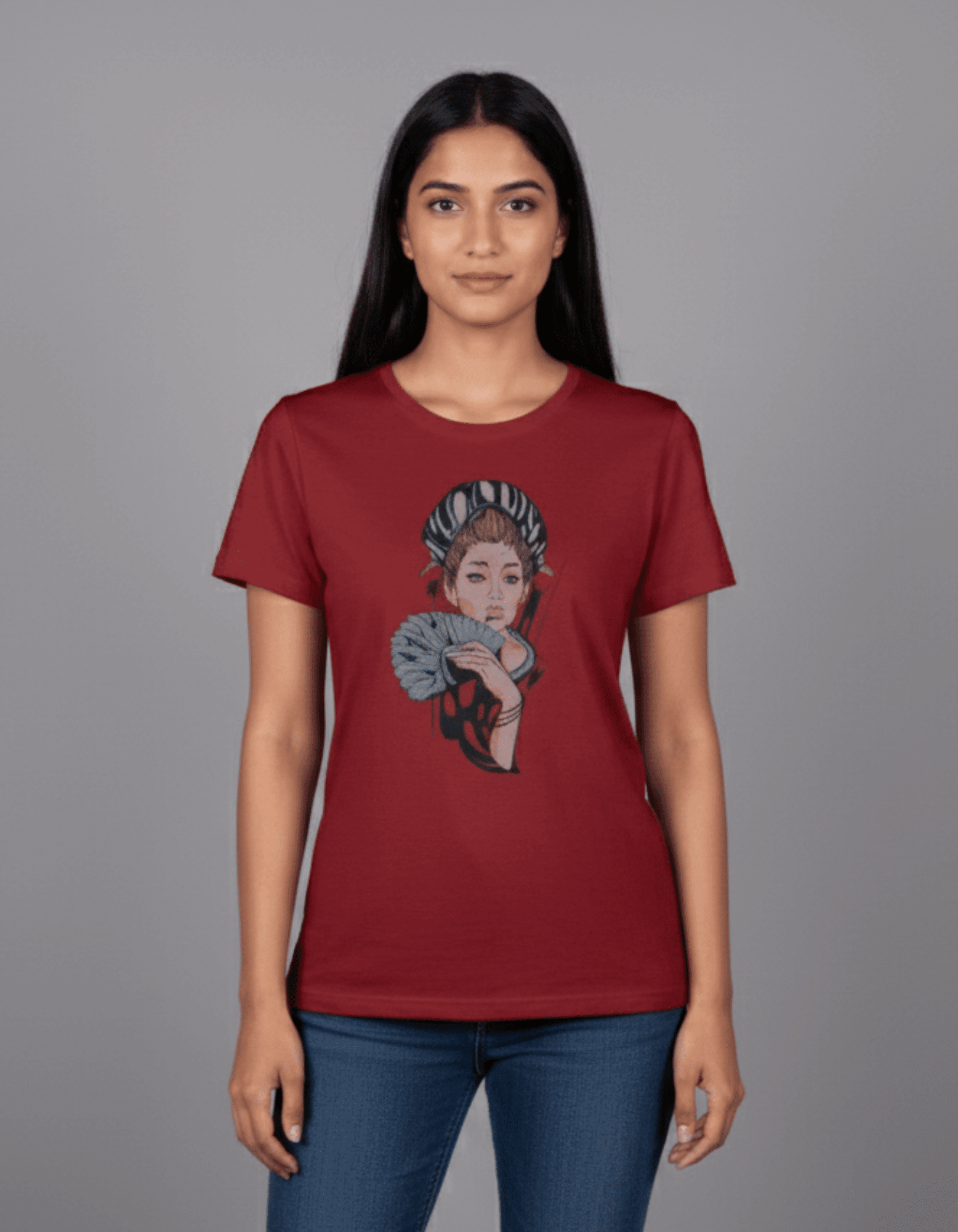 Maroon Geisha Art Women’s T-Shirt – 100% Cotton | Japanese Illustration Graphic Tee - VIBON Originals