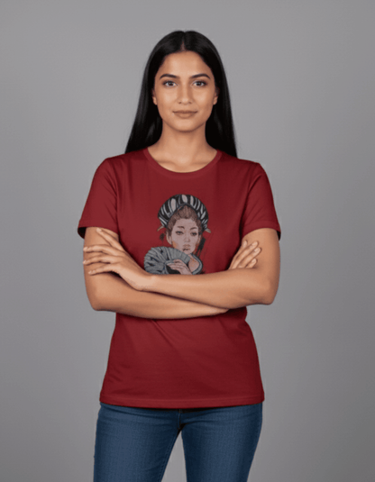 Maroon Geisha Art Women’s T-Shirt – 100% Cotton | Japanese Illustration Graphic Tee - VIBON Originals