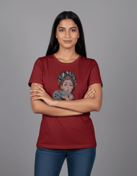 Maroon Geisha Art Women’s T-Shirt – 100% Cotton | Japanese Illustration Graphic Tee - VIBON Originals