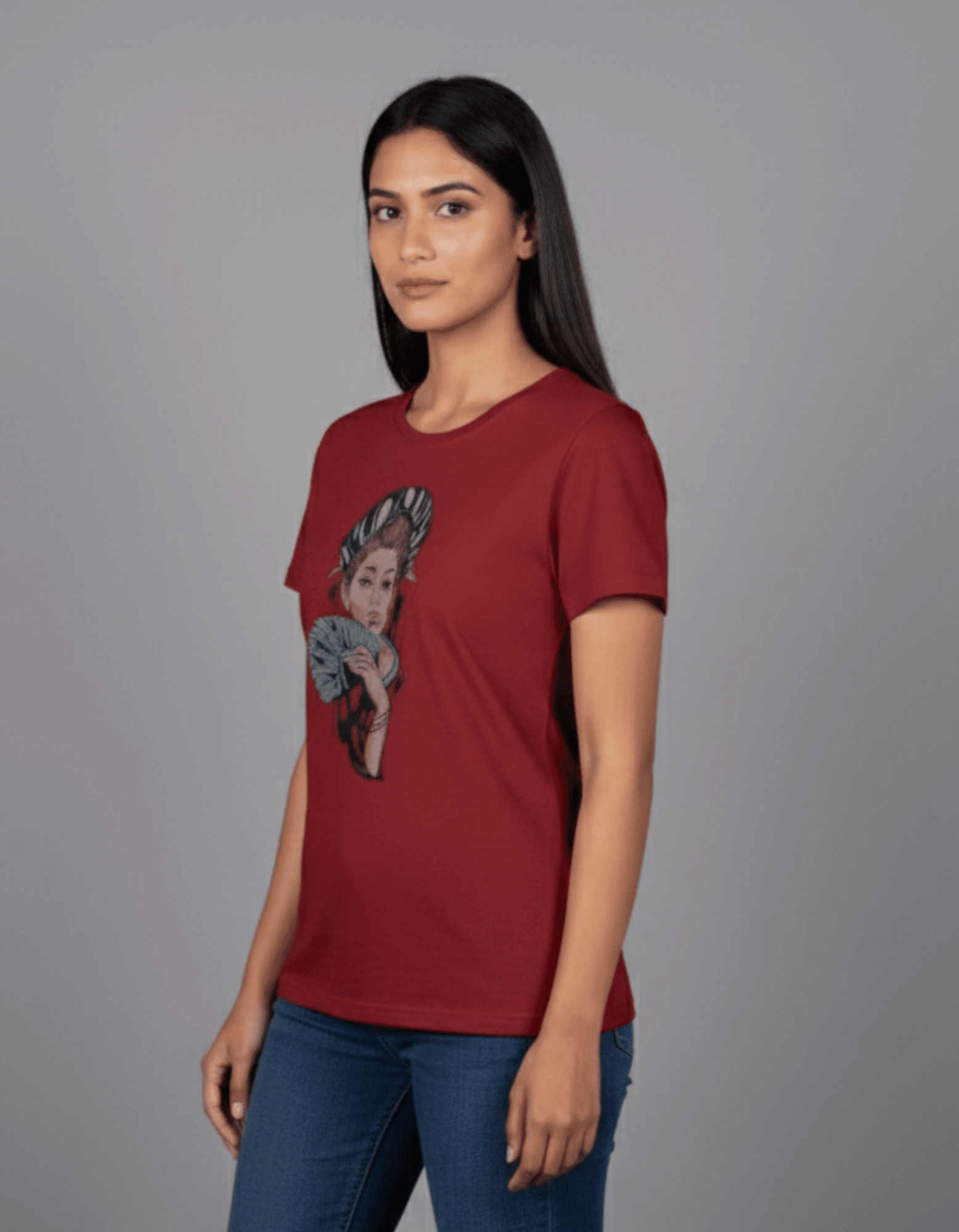 Maroon Geisha Art Women’s T-Shirt – 100% Cotton | Japanese Illustration Graphic Tee - VIBON Originals