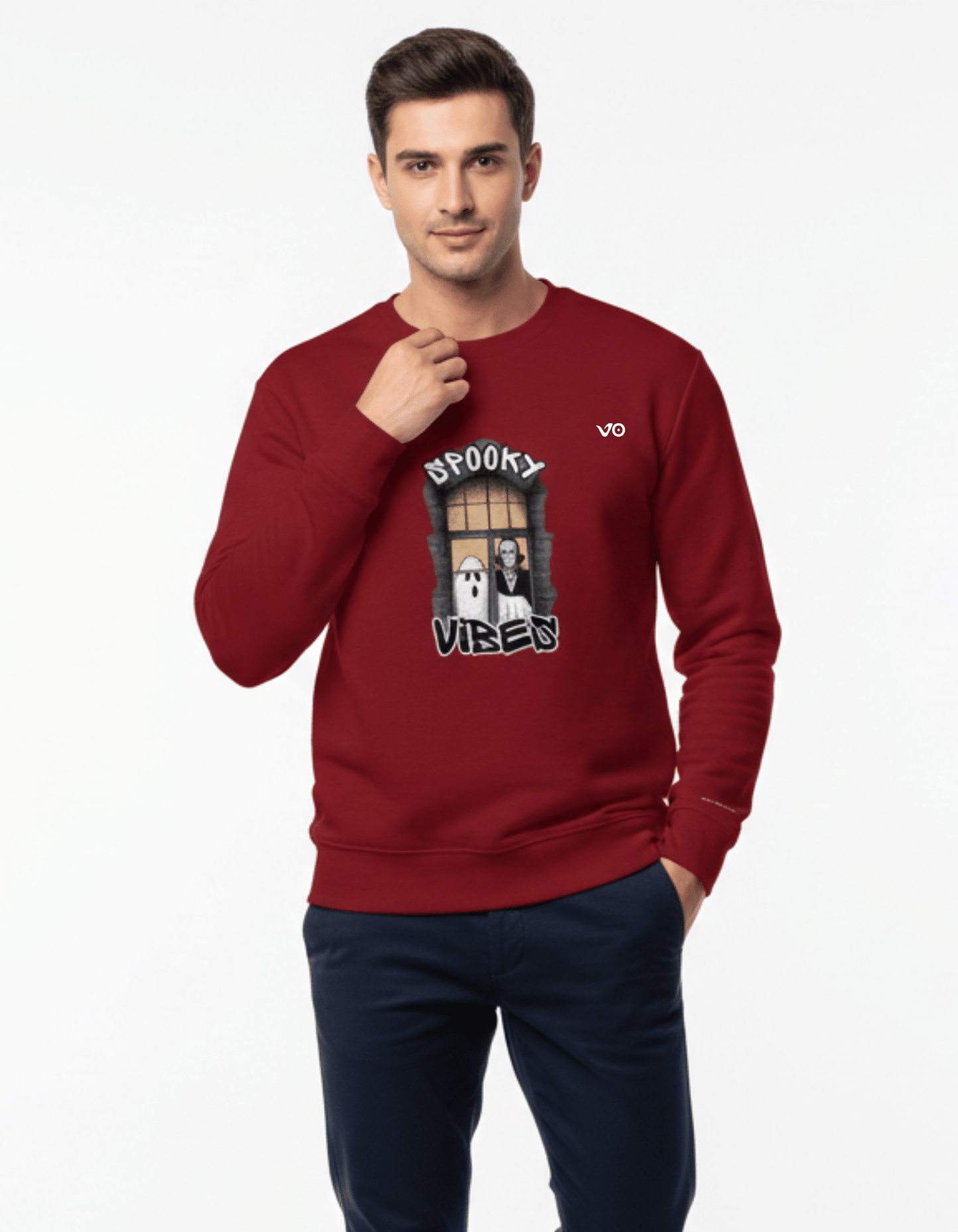 Maroon Snow Soft Cotton Sweatshirt Spooky Vibes Graphic - VIBON Originals
